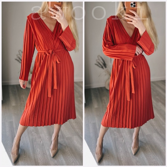 Zara Pleated Midi  Long Sleeve Wrap Style Dress Rust Burnt Orange Sz Small - Picture 11 of 11